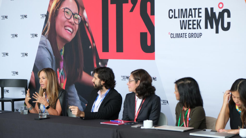 Thais Lopez Vogel, co-founder and trustee of VoLo Foundation, speaks at Climate Week NYC. (Photo courtesy of VoLo Foundation)