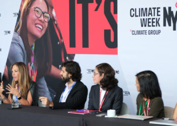 Thais Lopez Vogel, co-founder and trustee of VoLo Foundation, speaks at Climate Week NYC. (Photo courtesy of VoLo Foundation)