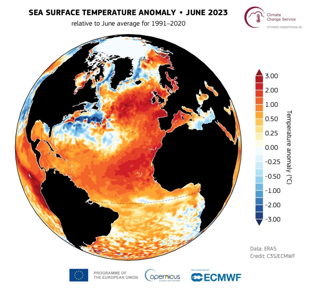Sea surface temperatures over the North Atlantic have soared over the past two years, driven by a combination of greenhouse gases in the atmosphere, reduced shipping sulfur dioxide emissions, El Niño, and natural variability in the climate. (Image courtesy of Copernicus Climate Change Service/ECMWF)