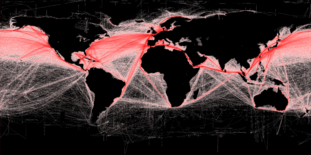 The world’s major shipping corridors are concentrated in the Global North, so the warming effect from shipping sulfur dioxide emissions reductions has been greatest there. A recent analysis estimated that the Northern Hemisphere has 30 times the warming effect as a result of the 2020 IMO regulation change, compared to the Southern Hemisphere. (B.S. Halpern, T. Hengl, D. Groll; via Wikimedia Commons, CC BY-SA 3.0)