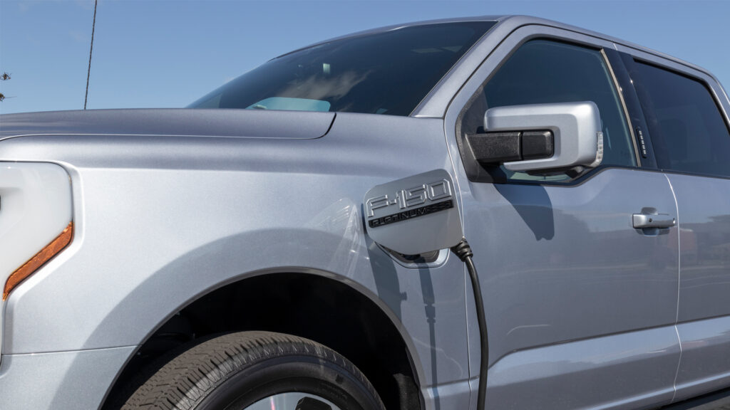 A Ford F-150 Lightning electric truck charging (iStock image)