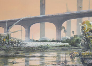 A illustration depicting agriculture in India in 2500, based on technology today and from science fiction. (James McKay, CC BY 4.0, via Wikimedia Commons)