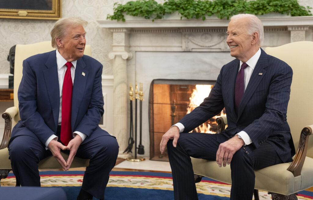President Joe Biden greets President-elect Donald Trump on Nov. 13 in the Oval Office. (Official White House photo by Cameron Smith, Public domain, via Wikimedia Commons)