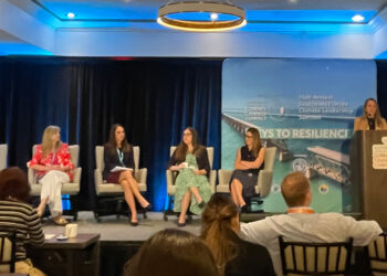Resilience officers from Broward, Miami-Dade, Monroe and Palm Beach counties speak Tuesday at the 16th Annual Southeast Florida Regional Climate Leadership Summit in Key West. (Nathan Crabbe photo)
