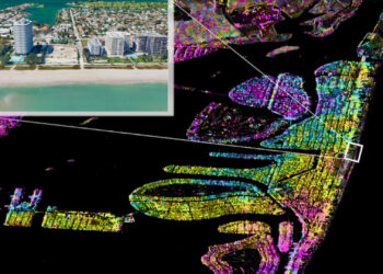 Satellite radar interferogram of Miami’s barrier islands obtained from data of the Sentinel-1 satellites and the location of the condominium in the town of Surfside that tragically collapsed in 2021 (image from Google Earth). This study combines 222 SAR images to observe coastal subsidence. (News@TheU)