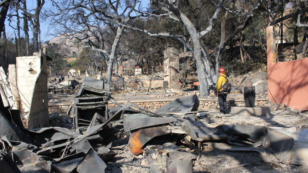 A firefighter observes damage from the Eaton Fire in the Altadena Neighborhood of Los Angeles on Jan. 11, 2025. (Photo by 2nd Lt. Callie McNary/452nd Air Mobility Wing, via Defense Visual Information Distribution Service)