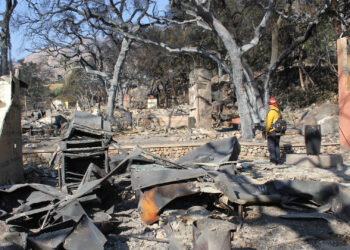 A firefighter observes damage from the Eaton Fire in the Altadena Neighborhood of Los Angeles on Jan. 11, 2025. (Photo by 2nd Lt. Callie McNary/452nd Air Mobility Wing, via Defense Visual Information Distribution Service)