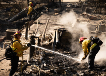 March Field Fire Emergency Services assists in fire suppression efforts against the Eaton Fire in the Altadena Neighborhood of Los Angeles on Jan. 11, 2025. (Tech. Sgt. Joseph Pagan/US Air National Guard, via Defense Visual Information Distribution Service)