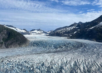 Mendenhall Glacier is located in southeast Alaska and served as one of the sampling sites for postdoctoral scholar Amy Holt's research. At more than 13 miles long, the glacier is a popular tourist destination for those who visit Juneau. (Courtesy of Amy Holt)