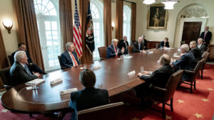 President Donald Trump participates in a roundtable meeting with energy sector executives in the White House in 2020, (The White House, Public domain, via Wikimedia Commons)