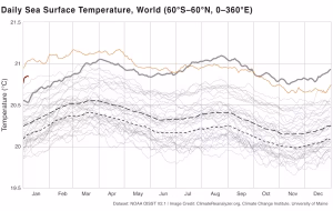 Sea surface temperatures have been running well above average when compared with all years on record, starting in 1981. The orange line is 2024, dark grey is 2023, and red is 2025. The middle dashed line is the 1982-2011 average. (ClimateReanalyzer.org/NOAA OISST v2.1, CC BY)