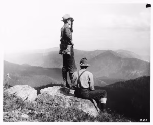 A ranger and forest guard on fire patrol duty near Thompson Falls, Mont., in 1909. (Forest Service photo by W.J. Lubken)
