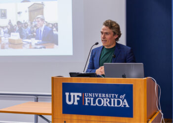 A keynote speech on “Making Climate Change Nonpartisan Again” will be part of the University of Florida’s 10th annual Climate Communications Summit. Benji Backer, author of “The Conservative Environmentalist" and founder of the American Conservation Coalition, speaks at the University of Florida’s 10th annual Climate Communications Summit on Feb. 6. (Photo by Jenna Ayoub, Visual Coordinator/Videographer for the UF College of Journalism and Communications)