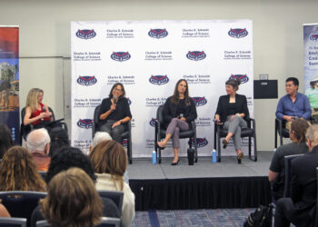 A photo of the full panel for a discussion on “Future-Proofing Our Coasts” as part of the Frontiers in Science Public Lecture Series. (Photo by Zach Greathouse/FAU Charles E. Schmidt College of Science)
