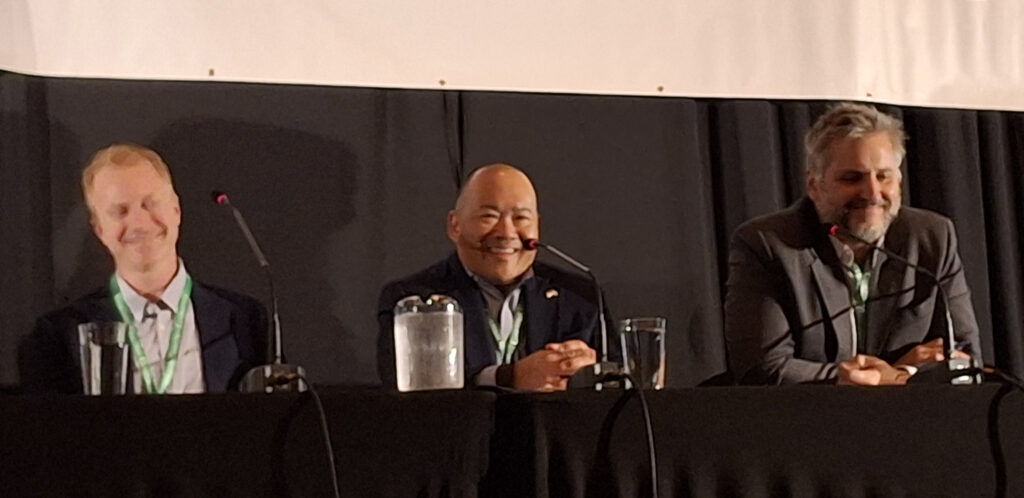 (From left) Paul Hindsley, chief economist for The Everglades Foundation; John Lai, president of the Sanibel and Captiva Islands Chamber of Commerce; and Michael Berkowitz, executive director of the Climate Resilience Institute at the University of Miami, during a panel discussion on the “Clean Water Economy” at the 40th Annual Everglades Coalition Conference on Jan. 30 at the Miccosukee Casino and Resort in Miami. (Arielle Perry photo)