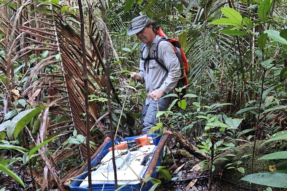 Xavier Comas, Ph.D., main principal investigator, performing a ground-based GPR survey in the Colombian Amazon near Inírida. (Photo credit: Angela Gallego-Sala, Ph.D., Exeter University)