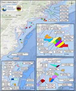 Atlantic Coast wind-energy leases as of July 2024. Others wind energy lease areas are in the Gulf of Mexico, off the Pacific coast and off Hawaii. (U.S. Bureau of Safety and Environmental Enforcement)