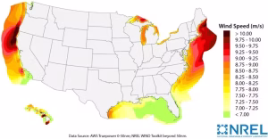 The U.S. Northeast and Northern California have the nation’s strongest offshore winds. (NREL)