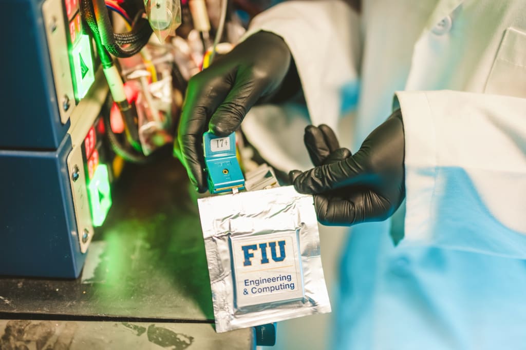 Close-up of one of the battery cells created in El-Zahab’s lab. (Credit: Margi Rentis/FIU)
