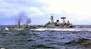 Icelandic patrol ship ICGV Óðinn and British frigate HMS Scylla clash in the North Atlantic Ocean during the Third Cod War. (Issac Newton, CC BY-SA 2.5, via Wikimedia Commons)