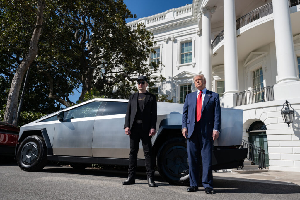 Elon Musk and President Donald Trump pose in front of a Tesla Cybertruck at the White House on March 11. (The White House, Public domain, via Wikimedia Commons)