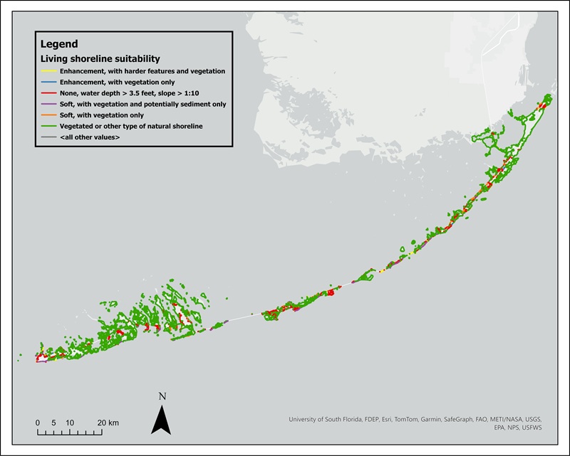 About 8% of the Florida Keys’ coastline is suitable for nature-based or hybrid solutions, while 25.1% is unsuitable, and 67% is already vegetated or naturally protected. (Map prepared by Kevin Cresswell, Ph.D.)