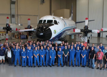 The crew of NOAA's hurricane hunter aircraft N42RF (AKA "Kermit") at their facility in Lakeland, Florida. (Image credit: NOAA/AOC)