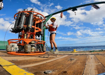 Leah Chomiak, a scientist at the University of Miami NOAA Cooperative Institute for Marine and Atmospheric Studies, assists in the retreaval of a CTD (conductivity, temperature and depth) instrument used by scientists to sample the ocean. (University of Miami)