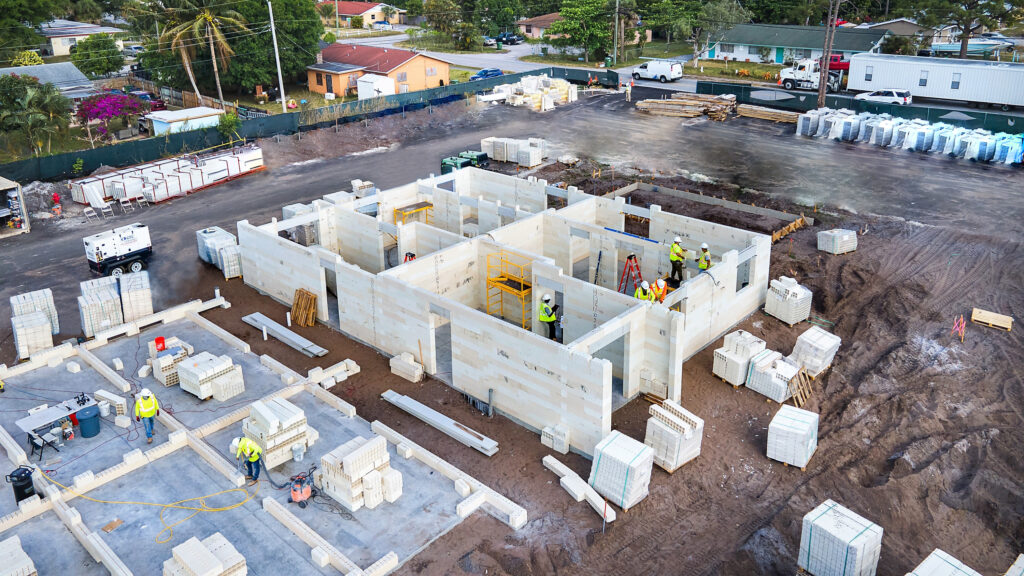 Renco’s first completed building in the United States was the Lakewood Village apartments in Palm Beach County. It was fully built in less than eight weeks using 11 non-traditionally trained construction workers, saving about 20% of the time and cost over conventional hurricane zone-type concrete. (Photo courtesy of Renco USA)