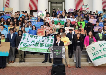 Maya Shenefelt from the CLEO Institute speaking in front of the steps of the Old Capitol in Tallahassee on March 6, 2025. (Photo by Mitch Perry/Florida Phoenix)