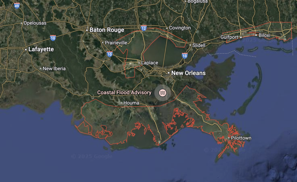 The National Weather Service issued this coastal flood advisory for southern Louisiana on April 2, the same day Climate Central produced a new analysis showing that the entire community of Houma, La., is at increasing risk of severe flooding from sea level rise. (Google Maps)