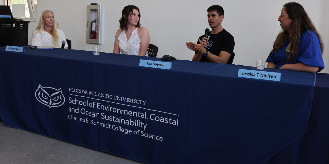 A “Business of the Environment” panel discussion was held Apr. 14 at the Florida Atlantic University School of Environmental, Coastal, and Ocean Sustainability (ECOS) annual retreat. (Photo by Kimberly Vardeman)