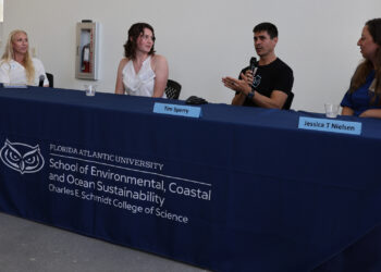 A “Business of the Environment” panel discussion was held Apr. 14 at the Florida Atlantic University School of Environmental, Coastal, and Ocean Sustainability (ECOS) annual retreat. (Photo by Kimberly Vardeman)