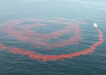 Woods Hole Oceanographic scientists disperse dye from a research vessel (Photo courtesy of Katie Carpenter)