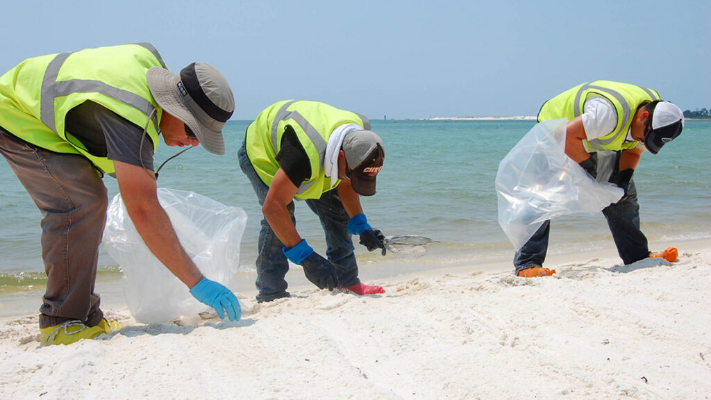 Workers picking up tar balls from the beach at Pensacola Naval Air Station after the BP Deepwater Horizon oil spill. (National Institute for Occupational Safety and Health, Public domain, via Wikimedia Commons)