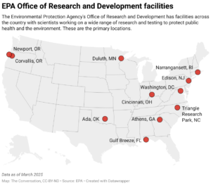 EPA Office of Research and Development Facilities (Map: The Conversation, CC-BY-ND; Source: EPA)
