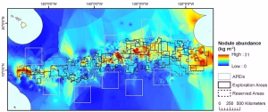 A map shows mining targets in the Clarion-Clipperton Zone, southeast of Hawaii, upper left. APEIs are protected areas. (McQuaid KA, Attrill MJ, Clark MR, Cobley A, Glover AG, Smith CR and Howell KL, 2020, CC BY)