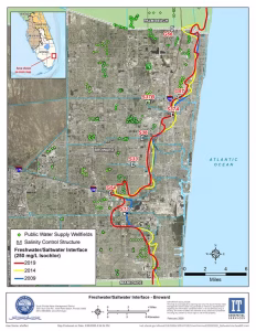 The red line shows how far saltwater had intruded into aquifers beneath Fort Lauderdale as of 2019. (South Florida Water Management District)