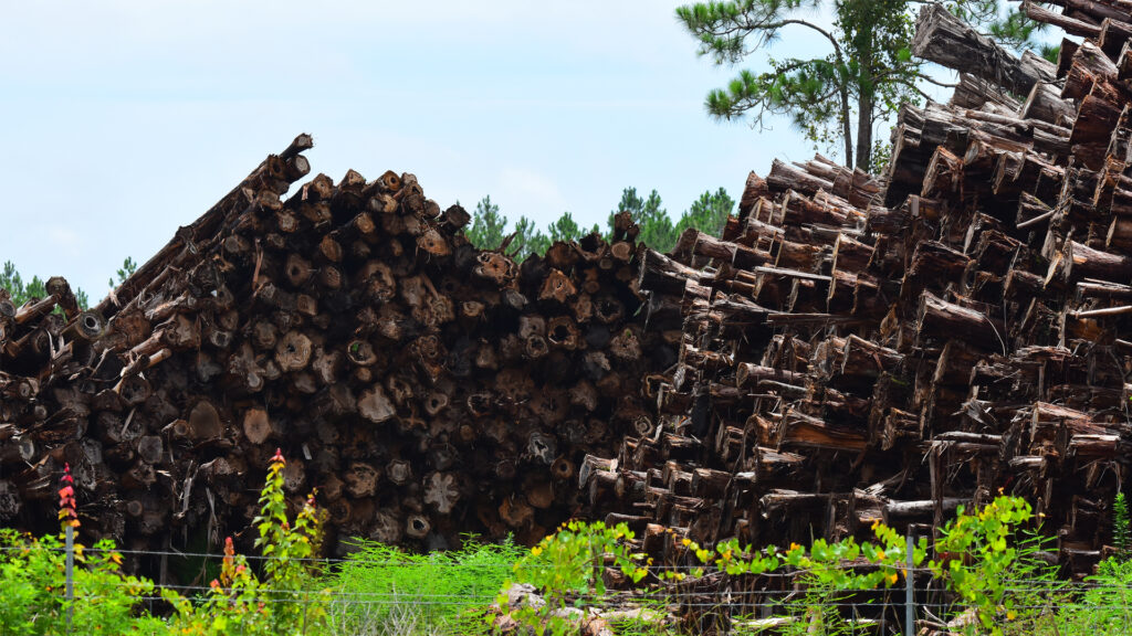Harvested cypress logs stacked next to road in Nassau County, Florida (iStock image)