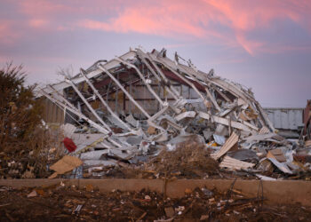 Some of the destruction caused by tornadoes in Mayfield, Kentucky, in Dec. 2021. (Jocelyn Augustino/FEMA, via Defense Visual Information Distribution Service)