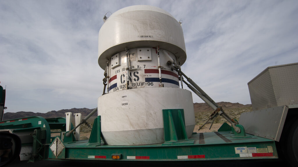 A container of nuclear waste coming out of a test site in Nevada (Bill Ebbesen, CC BY 3.0, via Wikimedia Commons)