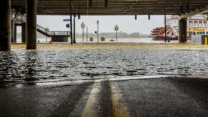 A boat dock and street in Louisville, Ky., were under about four feet of water on April 5 due to flooding on the banks of the Ohio River. (U.S. Air National Guard photo by Dale Greer, via Defense Visual Information Distribution Service)