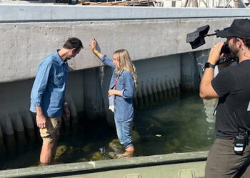Zay Harding, host of "The Visioneers," examines the future of coastal protection with Kind Designs showcasing 3D-printed living seawalls in Miami. (Screenshot of visioneerstv via Florida News Connection)
