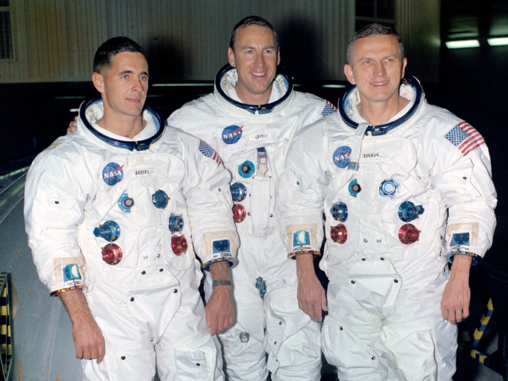 The crew of Apollo 8 in 1968, from left to right: William Anders, Jim Lovell and Frank Borman (NASA, Public domain, via Wikimedia Commons)