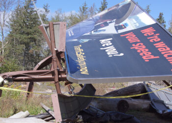 A billboard bent over due to a derecho in Johnsville, New York, in 2020. (NWS Storm Survey, Public domain, via Wikimedia Commons)