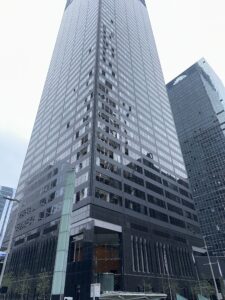 Wind damage inflicted to a high-rise building in Houston, Texas, during the May 16, 2024, derecho. (National Weather Service, Public domain, via Wikimedia Commons)
