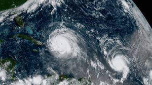 NOAA’s GOES-16 satellite shows Hurricanes Irma, left, and Jose in the Atlantic Ocean on Sept. 7, 2017. (NOAA National Environmental Satellite, Data, and Information Service, CC BY)