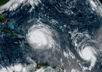NOAA’s GOES-16 satellite shows Hurricanes Irma, left, and Jose in the Atlantic Ocean on Sept. 7, 2017. (NOAA National Environmental Satellite, Data, and Information Service, CC BY)