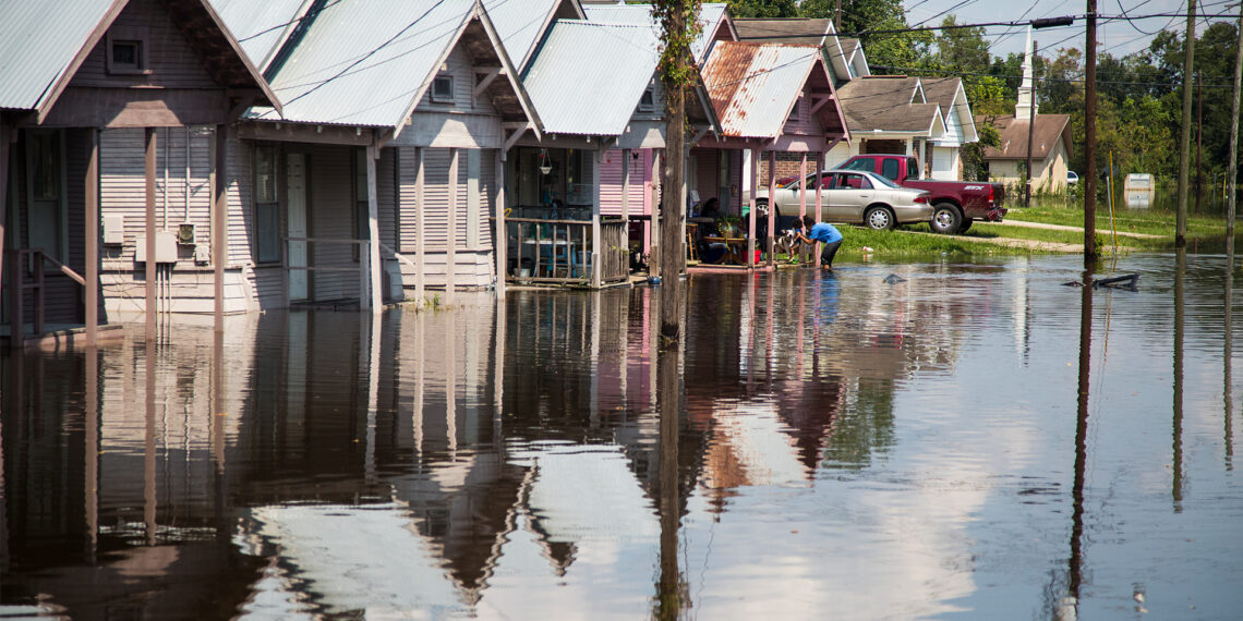 Houses affected by flooding from Hurricane Harvey in Orange, Texas, in 2017. (U.S. Army photo by Staff Sgt. Carl Greenwell, via Defense Visual Information Distribution Service)