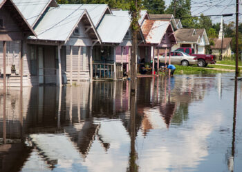 Houses affected by flooding from Hurricane Harvey in Orange, Texas, in 2017. (U.S. Army photo by Staff Sgt. Carl Greenwell, via Defense Visual Information Distribution Service)